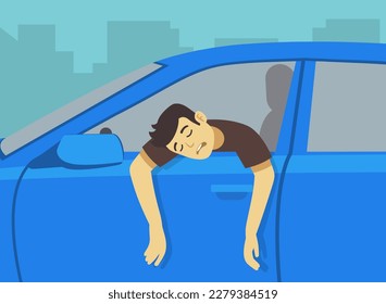 Close-up of drunk driver leaning out of the car window. Character's arms hangs down from open window. Side view. Flat vector illustration template.