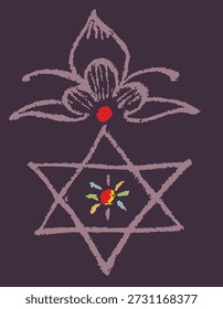 Closeup of editable hand drawing of traditional rangoli design element illustrations.
