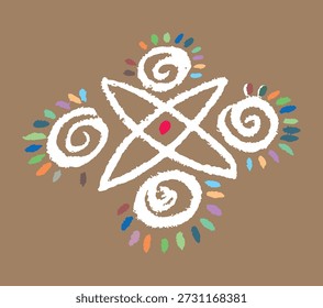 Closeup of editable hand drawing of traditional rangoli design element illustrations.