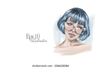 Close-up elegant good-looking fashionable blond blue-eyed blogger wear transparent glasses 