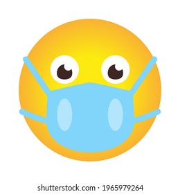 Closeup emoji icon in medical mask. Smile in cartoon style as sign protect against spread of coronavirus. Concept stop COVID-19. Emoticon in face protective mask. Isolated on white vector illustration