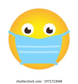 Closeup emoji icon in medical mask. Emoticon smile in cartoon style in face protective mask as sign protect against spread of coronavirus. Chat app object. Stop COVID-19. Isolated vector illustration