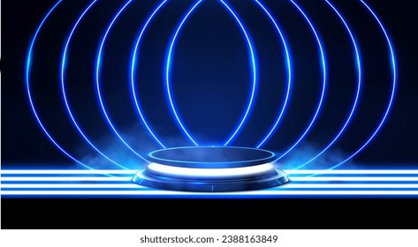 A close-up of an empty black podium for a product demonstration in a dark scene with lines of neon light. Luxury scene design concept. Vector illustrations.