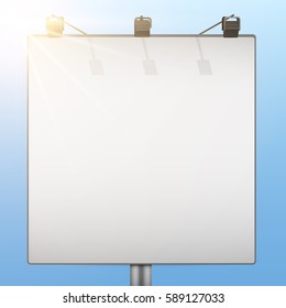 Closeup Empty mockup billboard with sky and sun at day. Square format. Vector Illustration isolated on background.