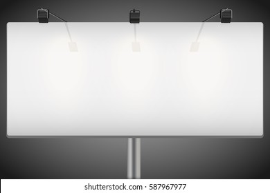 Closeup Empty mockup billboard with spotlights and illuminated at night. Wide format. Vector Illustration isolated on background.