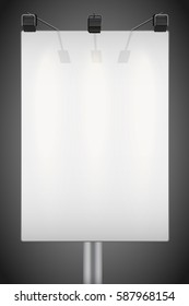 Closeup Empty mockup billboard with spotlights and illuminated at night. Verical A4 format. Vector Illustration isolated on background.