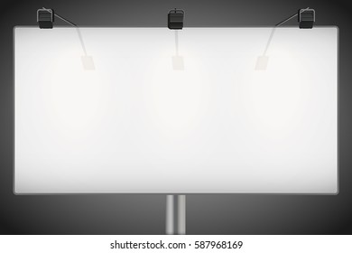 Closeup Empty mockup billboard with spotlights and illuminated at night. 3x6 format. Vector Illustration isolated on background.
