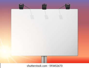 Closeup Empty mockup billboard with sun at sunset. A4 format. Vector Illustration isolated on background.