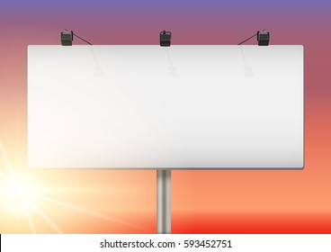Closeup Empty mockup billboard with sun at sunset. Wide format. Vector Illustration isolated on background.