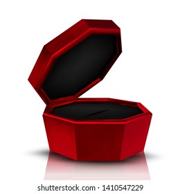 Closeup Empty Red Velvet Opened Jewelry Box Vector. Mockup Of Box For Birthday Woman Expensive Present Diamond Necklace. Compact Container For Accessory Necklace Realistic 3d Illustration