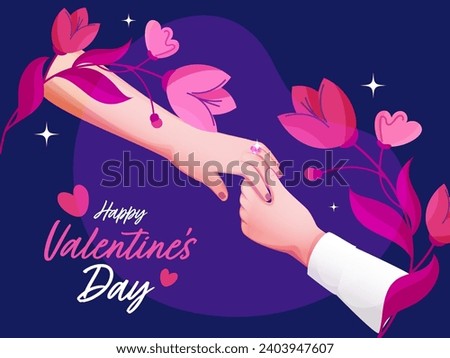 Closeup Engaged Or Proposal Couple Hands, Rose Flower Leaves Decor on Violet Heart Shape Background for Happy Valentine's Day Concept.
