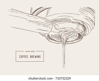 Close-up of espresso pouring from coffee machine. Professional coffee brewing sketch vector.