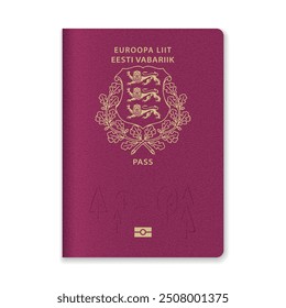 Close-up of a Estonia passport cover featuring gold text and emblem on maroon background.