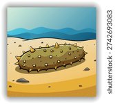 A close-up, eye-level shot presents a sea cucumber resting on a sandy beach at the water
