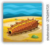 A close-up, eye-level shot presents a sea cucumber resting on a sandy beach at the water