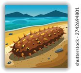 A close-up, eye-level shot presents a sea cucumber resting on a sandy beach at the water
