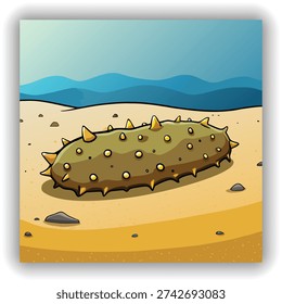 A close-up, eye-level shot presents a sea cucumber resting on a sandy beach at the water's edge. The sea cucumber, the main subject, is oblong-shaped and has a textured exterior, covered in small, closely-packed, yellow-brown