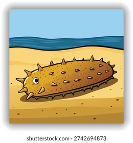 A close-up, eye-level shot presents a sea cucumber resting on a sandy beach at the water's edge. The sea cucumber, the main subject, is oblong-shaped and has a textured exterior, covered in small, closely-packed, yellow-brown