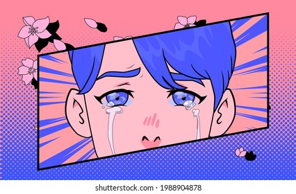 A close-up of the eyes of an anime character who is upset and crying. Pop art comic style illustration with dotted halftone effect.