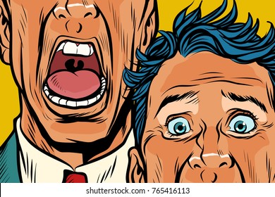 Close-up of eyes and mouth men cry, panic face. Pop art retro vector illustration