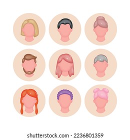 Close-up face avatar set. Icon user person. Women and men in round frame on white background. Vector illustration.