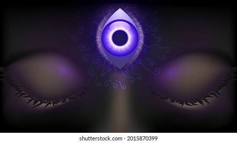 Close-up face with closed eyes and third luminous purple eye on forehead, vision and epiphany concept