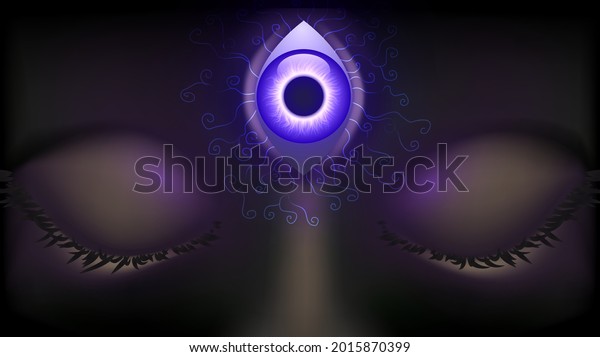 Close-up face with closed\
eyes and third luminous purple eye on forehead, vision and epiphany\
concept