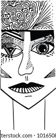 Close-up of face, detailed vector. Drawn in black (and white/transparent).