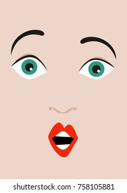 a close-up of face features of a beautiful surprised girl; a vector illustration