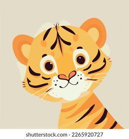 Close-up face of happy cute baby tiger - funny vector concept of character. Children's flat hand drawn simple style illustration for posters, postcards, T-shirts