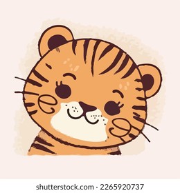 Close-up face of happy cute baby tiger - funny vector concept of character. Children's flat hand drawn simple style illustration for posters, postcards, T-shirts