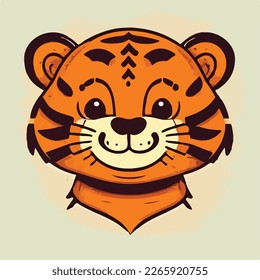 Close-up face of happy cute baby tiger - funny vector concept of character. Children's flat hand drawn simple style illustration for posters, postcards, T-shirts