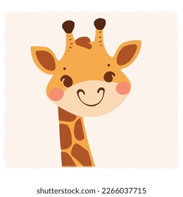Close-up face of happy cute baby giraffe - funny vector concept of character. Children's flat hand drawn simple style illustration for posters, postcards, T-shirts
