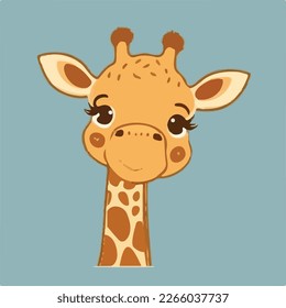 Close-up face of happy cute baby giraffe - funny vector concept of character. Children's flat hand drawn simple style illustration for posters, postcards, T-shirts
