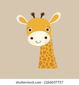 Close-up face of happy cute baby giraffe - funny vector concept of character. Children's flat hand drawn simple style illustration for posters, postcards, T-shirts
