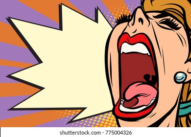 Close-up face pop art woman screaming rage. Comic book cartoon retro vector illustration drawing