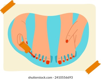 Close-up feet with painted toenails, pedicure process with nail polish. Self-care routine, beauty treatment vector illustration.