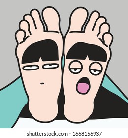 Closeup Feet Of Someone With Funny Tired Sleepy Face On It Sticking Out From The Blankets Of A Bed Concept Card Character illustration