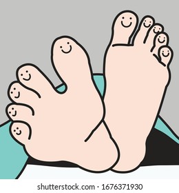 Closeup Feet Of Someone With Happy Face On It Sticking Out From The Blankets Of A Bed Concept Card Character illustration