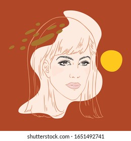 Closeup female angled profile. Young female in hand drawn line art illustration. Makeup template. Vector design.