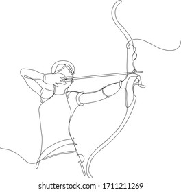 Close-up of female archer preparing to shoot with a bow. Olympic sports, medieval sports. Continuous line vector illustration on white background