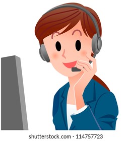 Close-up female customer service representative touching the headset in suit. Isolated on white. Vector. Clipping mask is used for cropping.