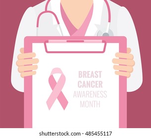 Close-up of a female doctor with lab coat in his office holding a clipboard. Breast Cancer Awareness  Background.Vector illustration