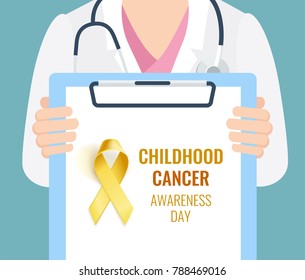 Close-up of a female doctor with lab coat in her office holding a clipboard. Childhood Cancer Awareness  Background. Vector illustration