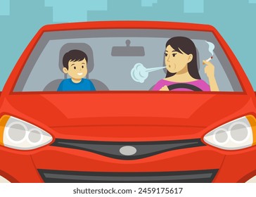 Close-up of female driver smoking cigarette and male kid sitting in front seat. Front view. Flat vector illustration template.