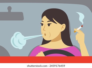 Close-up of a female driver smoking cigarette in a car. Front view. Flat vector illustration template.