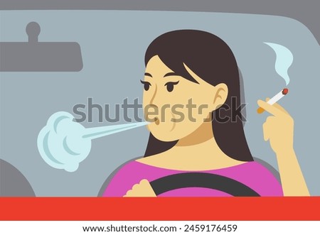 Close-up of a female driver smoking cigarette in a car. Front view. Flat vector illustration template.