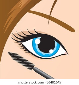 Close-up of a female eye with mascara being applied. Vector.