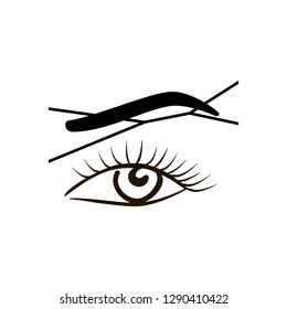 Close-up of female eye with a thread. Eyebrow threading - epilation procedure for brow shape correction. Epilation and depilation. Skin Care and Health. Black icon flat style