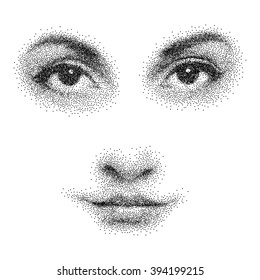 Closeup of female face consisted of dots